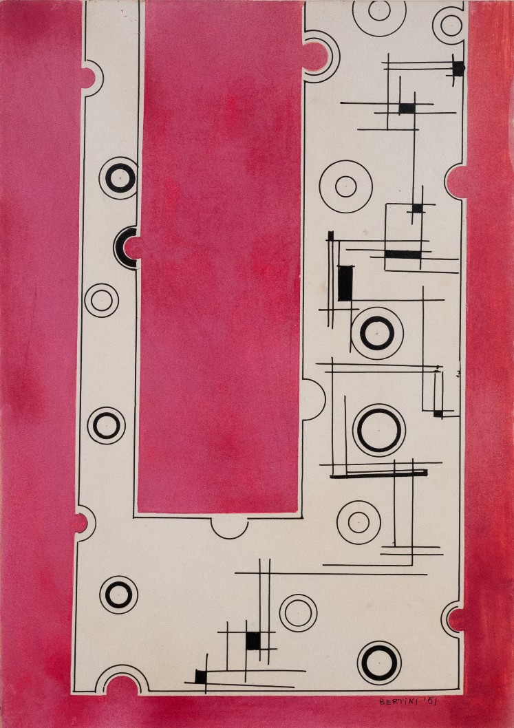 Gianni Bertini, Struttura su fondo rosso, 1951, tempera e china su cartoncino, cm 49,5x35